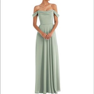 Dessy Bridesmaid Dress in willow green- off the shoulder!